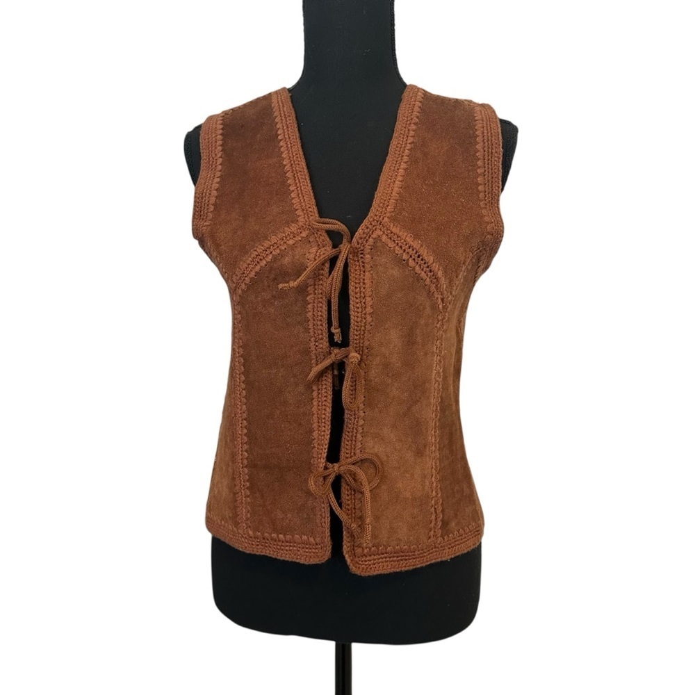 Vintage Sleeveless Vest Top Tie Front Leather Brown Western Boho Size Medium